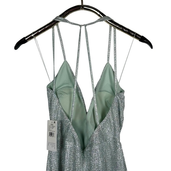 AIDEN MADDOX CELADON FOIL METALLIC KNIT STRAPPY V-NECK LONG FORMAL GOWN DRESS - Picture 7 of 15